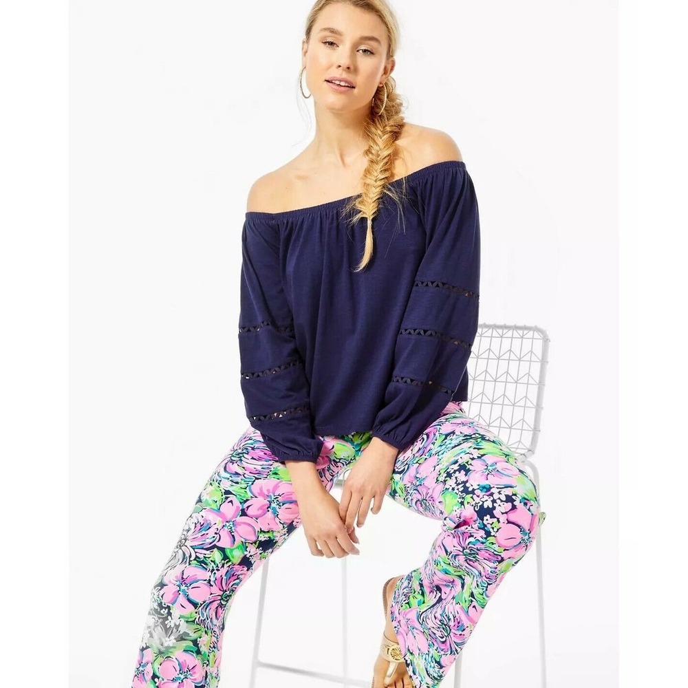 Lilly Pulitzer Katt Off The Shoulder Lace Cutouts Sleeve Blouse in Navy Size XL